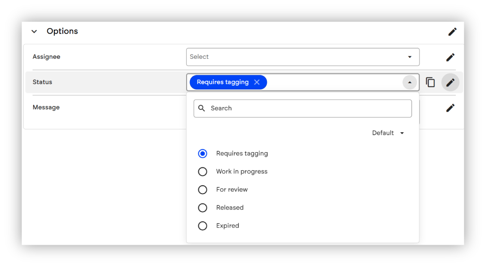 Drop-down menu; selecting status for asset in KeyShot Hub
